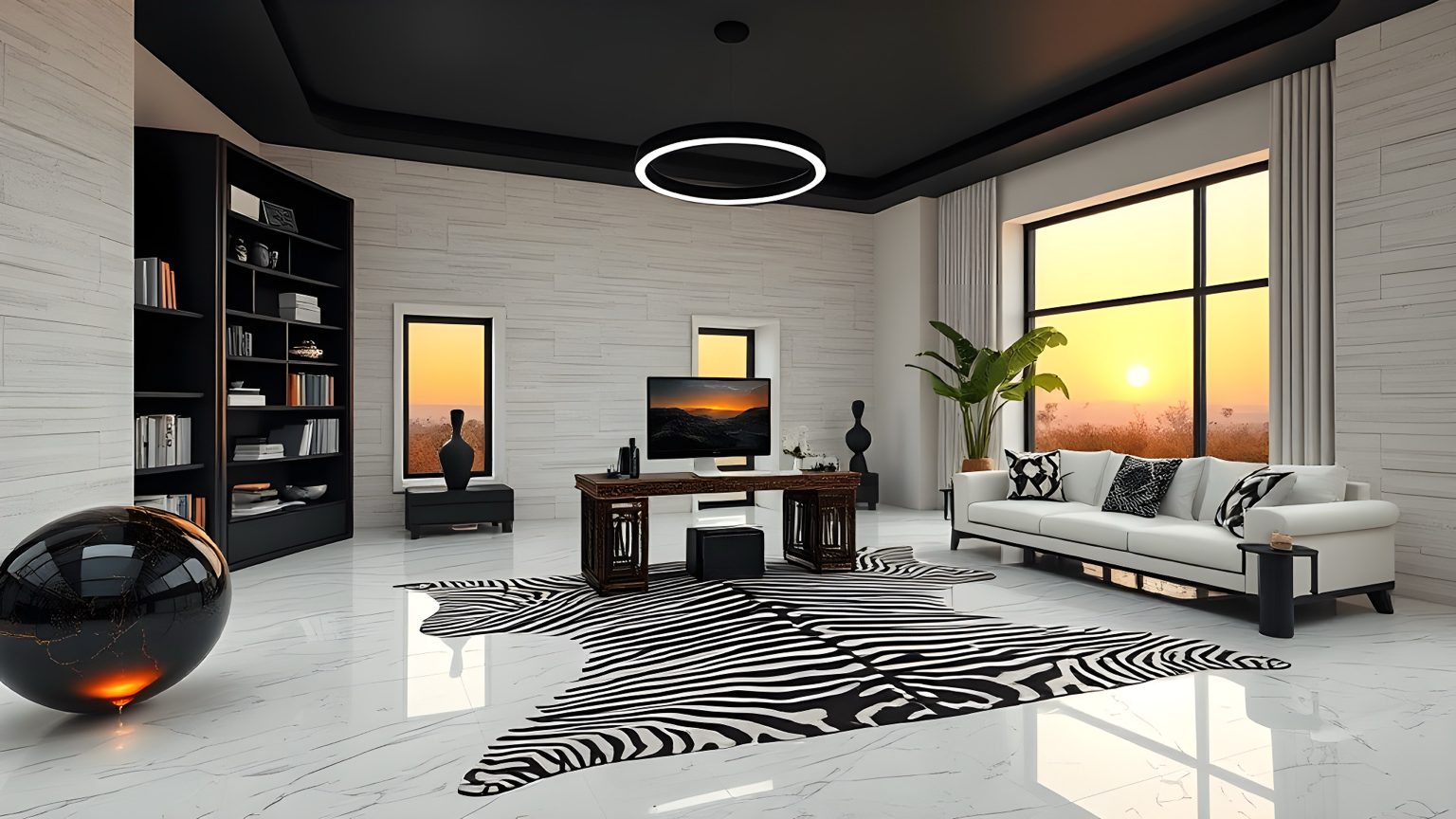 Black-and-white modern home-office interior with a white sofa, desk, black shelving, and sunset-lit windows.